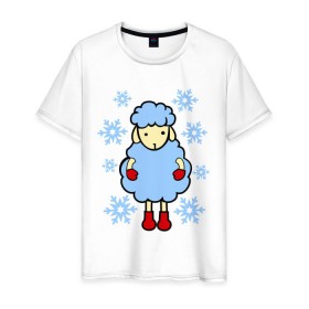 Мужская футболка хлопок с принтом Барашек и снежинки в Тюмени, 100% хлопок | прямой крой, круглый вырез горловины, длина до линии бедер, слегка спущенное плечо. | Тематика изображения на принте: барашек | зима | новый год | овечка | овца | снег | снежинки