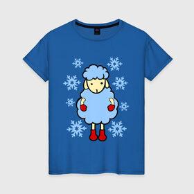 Женская футболка хлопок с принтом Барашек и снежинки в Тюмени, 100% хлопок | прямой крой, круглый вырез горловины, длина до линии бедер, слегка спущенное плечо | барашек | зима | новый год | овечка | овца | снег | снежинки