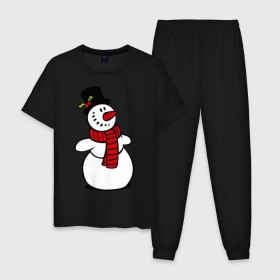 Мужская пижама хлопок с принтом Весёлый снеговик в Тюмени, 100% хлопок | брюки и футболка прямого кроя, без карманов, на брюках мягкая резинка на поясе и по низу штанин
 | new year | новый год | рождество | снеговик