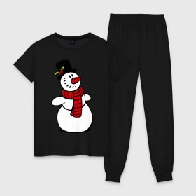 Женская пижама хлопок с принтом Весёлый снеговик в Тюмени, 100% хлопок | брюки и футболка прямого кроя, без карманов, на брюках мягкая резинка на поясе и по низу штанин | new year | новый год | рождество | снеговик