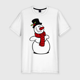 Мужская футболка премиум с принтом Весёлый снеговик в Тюмени, 92% хлопок, 8% лайкра | приталенный силуэт, круглый вырез ворота, длина до линии бедра, короткий рукав | new year | новый год | рождество | снеговик