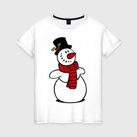 Женская футболка хлопок с принтом Весёлый снеговик в Тюмени, 100% хлопок | прямой крой, круглый вырез горловины, длина до линии бедер, слегка спущенное плечо | new year | новый год | рождество | снеговик