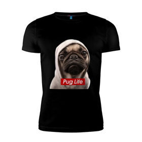 Мужская футболка премиум с принтом Pug life в Тюмени, 92% хлопок, 8% лайкра | приталенный силуэт, круглый вырез ворота, длина до линии бедра, короткий рукав | pug life | жизнь | капюшон | мопс | собака