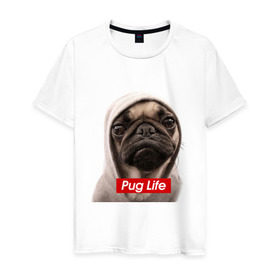 Мужская футболка хлопок с принтом Pug life в Тюмени, 100% хлопок | прямой крой, круглый вырез горловины, длина до линии бедер, слегка спущенное плечо. | pug life | жизнь | капюшон | мопс | собака