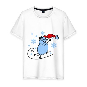 Мужская футболка хлопок с принтом Овечка на санках в Тюмени, 100% хлопок | прямой крой, круглый вырез горловины, длина до линии бедер, слегка спущенное плечо. | зима | новый год | овечка | овца | сани | снег