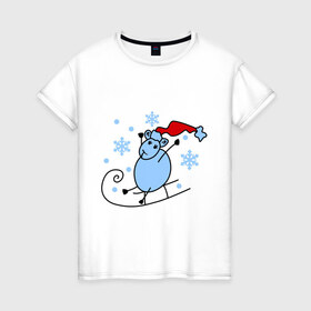 Женская футболка хлопок с принтом Овечка на санках в Тюмени, 100% хлопок | прямой крой, круглый вырез горловины, длина до линии бедер, слегка спущенное плечо | зима | новый год | овечка | овца | сани | снег