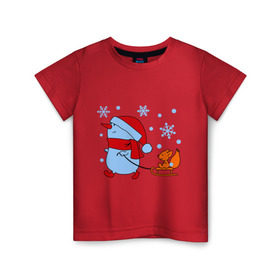 Детская футболка хлопок с принтом Снеговик с санками в Тюмени, 100% хлопок | круглый вырез горловины, полуприлегающий силуэт, длина до линии бедер | new year | белка | новый год | сани | снеговик