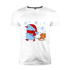 Мужская футболка премиум с принтом Снеговик с санками в Тюмени, 92% хлопок, 8% лайкра | приталенный силуэт, круглый вырез ворота, длина до линии бедра, короткий рукав | new year | белка | новый год | сани | снеговик