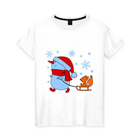 Женская футболка хлопок с принтом Снеговик с санками в Тюмени, 100% хлопок | прямой крой, круглый вырез горловины, длина до линии бедер, слегка спущенное плечо | new year | белка | новый год | сани | снеговик