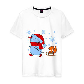 Мужская футболка хлопок с принтом Снеговик с санками в Тюмени, 100% хлопок | прямой крой, круглый вырез горловины, длина до линии бедер, слегка спущенное плечо. | new year | белка | новый год | сани | снеговик