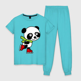 Женская пижама хлопок с принтом Панда на коньках в Тюмени, 100% хлопок | брюки и футболка прямого кроя, без карманов, на брюках мягкая резинка на поясе и по низу штанин | панда