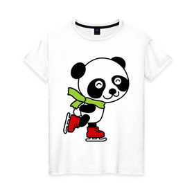 Женская футболка хлопок с принтом Панда на коньках в Тюмени, 100% хлопок | прямой крой, круглый вырез горловины, длина до линии бедер, слегка спущенное плечо | панда
