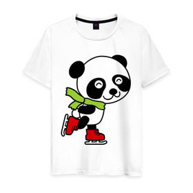 Мужская футболка хлопок с принтом Панда на коньках в Тюмени, 100% хлопок | прямой крой, круглый вырез горловины, длина до линии бедер, слегка спущенное плечо. | панда
