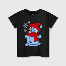 Детская футболка хлопок с принтом Снеговик и снежинки в Тюмени, 100% хлопок | круглый вырез горловины, полуприлегающий силуэт, длина до линии бедер | Тематика изображения на принте: зима | новый год | снег | снеговик | снежинки