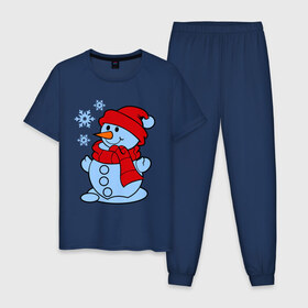Мужская пижама хлопок с принтом Снеговик и снежинки в Тюмени, 100% хлопок | брюки и футболка прямого кроя, без карманов, на брюках мягкая резинка на поясе и по низу штанин
 | зима | новый год | снег | снеговик | снежинки