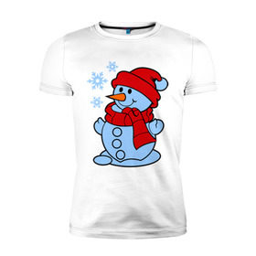 Мужская футболка премиум с принтом Снеговик и снежинки в Тюмени, 92% хлопок, 8% лайкра | приталенный силуэт, круглый вырез ворота, длина до линии бедра, короткий рукав | зима | новый год | снег | снеговик | снежинки