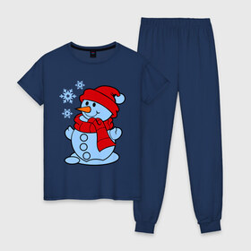 Женская пижама хлопок с принтом Снеговик и снежинки в Тюмени, 100% хлопок | брюки и футболка прямого кроя, без карманов, на брюках мягкая резинка на поясе и по низу штанин | зима | новый год | снег | снеговик | снежинки