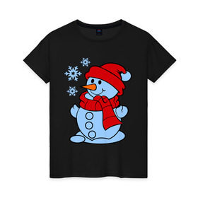 Женская футболка хлопок с принтом Снеговик и снежинки в Тюмени, 100% хлопок | прямой крой, круглый вырез горловины, длина до линии бедер, слегка спущенное плечо | зима | новый год | снег | снеговик | снежинки