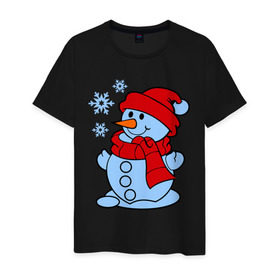 Мужская футболка хлопок с принтом Снеговик и снежинки в Тюмени, 100% хлопок | прямой крой, круглый вырез горловины, длина до линии бедер, слегка спущенное плечо. | зима | новый год | снег | снеговик | снежинки