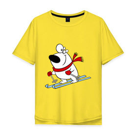 Мужская футболка хлопок Oversize с принтом Мишка на лыжах. в Тюмени, 100% хлопок | свободный крой, круглый ворот, “спинка” длиннее передней части | Тематика изображения на принте: белый | зима | лыжи | медведь | мишка | новый год