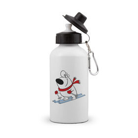 Бутылка спортивная с принтом Мишка на лыжах. в Тюмени, металл | емкость — 500 мл, в комплекте две пластиковые крышки и карабин для крепления | белый | зима | лыжи | медведь | мишка | новый год