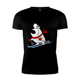 Мужская футболка премиум с принтом Мишка на лыжах. в Тюмени, 92% хлопок, 8% лайкра | приталенный силуэт, круглый вырез ворота, длина до линии бедра, короткий рукав | белый | зима | лыжи | медведь | мишка | новый год