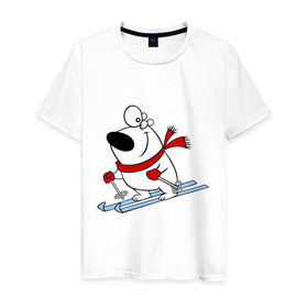 Мужская футболка хлопок с принтом Мишка на лыжах. в Тюмени, 100% хлопок | прямой крой, круглый вырез горловины, длина до линии бедер, слегка спущенное плечо. | белый | зима | лыжи | медведь | мишка | новый год