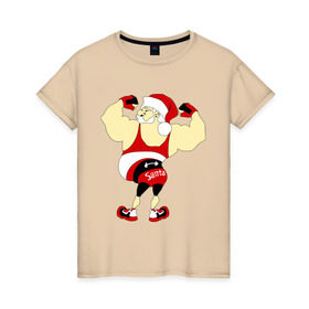 Женская футболка хлопок с принтом Санта бодибилдер в Тюмени, 100% хлопок | прямой крой, круглый вырез горловины, длина до линии бедер, слегка спущенное плечо | 2015 | бодибилдер | культурист | новый год | рождество | санта