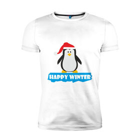 Мужская футболка премиум с принтом Новогодний пингвин на льдине в Тюмени, 92% хлопок, 8% лайкра | приталенный силуэт, круглый вырез ворота, длина до линии бедра, короткий рукав | пингвин