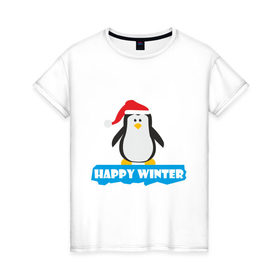 Женская футболка хлопок с принтом Новогодний пингвин на льдине в Тюмени, 100% хлопок | прямой крой, круглый вырез горловины, длина до линии бедер, слегка спущенное плечо | пингвин