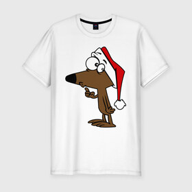 Мужская футболка премиум с принтом Собачка в новогодней шапке в Тюмени, 92% хлопок, 8% лайкра | приталенный силуэт, круглый вырез ворота, длина до линии бедра, короткий рукав | Тематика изображения на принте: 2015 | new year | новый год | собака | шапка