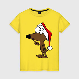 Женская футболка хлопок с принтом Собачка в новогодней шапке в Тюмени, 100% хлопок | прямой крой, круглый вырез горловины, длина до линии бедер, слегка спущенное плечо | Тематика изображения на принте: 2015 | new year | новый год | собака | шапка