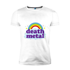 Мужская футболка премиум с принтом Rainbow death metal в Тюмени, 92% хлопок, 8% лайкра | приталенный силуэт, круглый вырез ворота, длина до линии бедра, короткий рукав | будь металистом | волшебство | метал | музыка | оставайся рокером | прикол | радуга | рок | рокерам