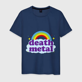 Мужская футболка хлопок с принтом Rainbow death metal в Тюмени, 100% хлопок | прямой крой, круглый вырез горловины, длина до линии бедер, слегка спущенное плечо. | Тематика изображения на принте: будь металистом | волшебство | метал | музыка | оставайся рокером | прикол | радуга | рок | рокерам