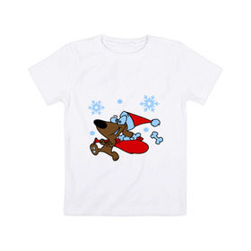 Детская футболка хлопок с принтом Собачка в новогоднем колпаке в Тюмени, 100% хлопок | круглый вырез горловины, полуприлегающий силуэт, длина до линии бедер | Тематика изображения на принте: new year | новый год | пес | собака