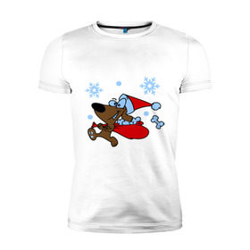 Мужская футболка премиум с принтом Собачка в новогоднем колпаке в Тюмени, 92% хлопок, 8% лайкра | приталенный силуэт, круглый вырез ворота, длина до линии бедра, короткий рукав | new year | новый год | пес | собака