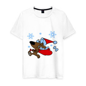 Мужская футболка хлопок с принтом Собачка в новогоднем колпаке в Тюмени, 100% хлопок | прямой крой, круглый вырез горловины, длина до линии бедер, слегка спущенное плечо. | Тематика изображения на принте: new year | новый год | пес | собака
