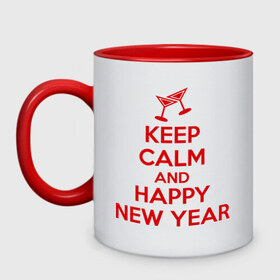 Кружка двухцветная с принтом Keep calm and happy new year в Тюмени, керамика | объем — 330 мл, диаметр — 80 мм. Цветная ручка и кайма сверху, в некоторых цветах — вся внутренняя часть | keep calm | new year | новый год | сохраняй спокойствие