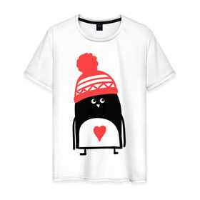 Мужская футболка хлопок с принтом Пингвин в шапке в Тюмени, 100% хлопок | прямой крой, круглый вырез горловины, длина до линии бедер, слегка спущенное плечо. | пингвин
