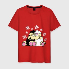 Мужская футболка хлопок с принтом Барашки в Тюмени, 100% хлопок | прямой крой, круглый вырез горловины, длина до линии бедер, слегка спущенное плечо. | барашек | год козы новый год | любовь | овечка | снежинка