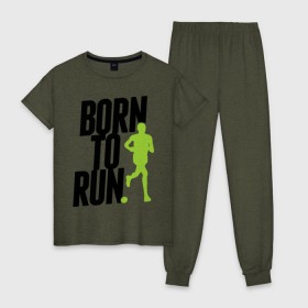 Женская пижама хлопок с принтом Рожден для бега в Тюмени, 100% хлопок | брюки и футболка прямого кроя, без карманов, на брюках мягкая резинка на поясе и по низу штанин | Тематика изображения на принте: born to run | run | бегать | рожден | рожден бежать