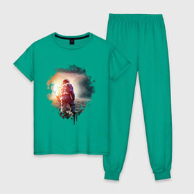 Женская пижама хлопок с принтом Interstellar в Тюмени, 100% хлопок | брюки и футболка прямого кроя, без карманов, на брюках мягкая резинка на поясе и по низу штанин | interstellar | интерстеллар | космонавт | космос