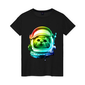 Женская футболка хлопок с принтом Кот космонавт в Тюмени, 100% хлопок | прямой крой, круглый вырез горловины, длина до линии бедер, слегка спущенное плечо | space | астронавт | животные | звезды | космос | кот | кошка | мордочка | шлем