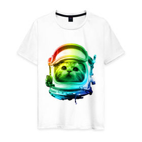 Мужская футболка хлопок с принтом Кот космонавт в Тюмени, 100% хлопок | прямой крой, круглый вырез горловины, длина до линии бедер, слегка спущенное плечо. | space | астронавт | животные | звезды | космос | кот | кошка | мордочка | шлем