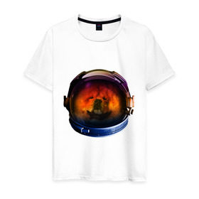 Мужская футболка хлопок с принтом Чау-чау в Тюмени, 100% хлопок | прямой крой, круглый вырез горловины, длина до линии бедер, слегка спущенное плечо. | Тематика изображения на принте: астронавт | животные | космонавт | космос | мордочка | нос | собака | чау чау | шлем