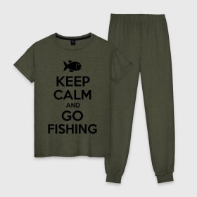 Женская пижама хлопок с принтом Keep calm and go fishing в Тюмени, 100% хлопок | брюки и футболка прямого кроя, без карманов, на брюках мягкая резинка на поясе и по низу штанин | fishing | keep calm | рыбак | рыбалка | рыбачить | сохраняй спокойствие
