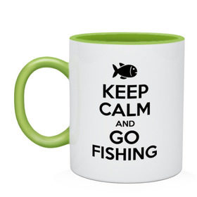 Кружка двухцветная с принтом Keep calm and go fishing в Тюмени, керамика | объем — 330 мл, диаметр — 80 мм. Цветная ручка и кайма сверху, в некоторых цветах — вся внутренняя часть | Тематика изображения на принте: fishing | keep calm | рыбак | рыбалка | рыбачить | сохраняй спокойствие