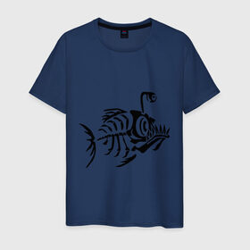 Мужская футболка хлопок с принтом Скелет глубоководной рыбы в Тюмени, 100% хлопок | прямой крой, круглый вырез горловины, длина до линии бедер, слегка спущенное плечо. | Тематика изображения на принте: скелет