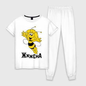 Женская пижама хлопок с принтом Жена в Тюмени, 100% хлопок | брюки и футболка прямого кроя, без карманов, на брюках мягкая резинка на поясе и по низу штанин | жена | любовь | майя | пчелка | семья