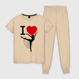 Женская пижама хлопок с принтом Я люблю балет в Тюмени, 100% хлопок | брюки и футболка прямого кроя, без карманов, на брюках мягкая резинка на поясе и по низу штанин | 